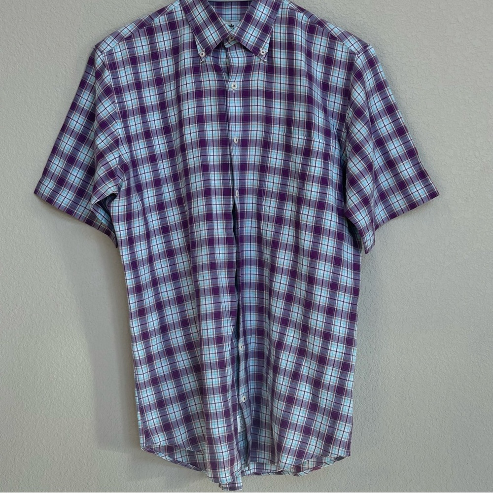 PETER MILLAR Linen Blend Button Down Shirt Purple Plaid Men’s‎ Medium Summer